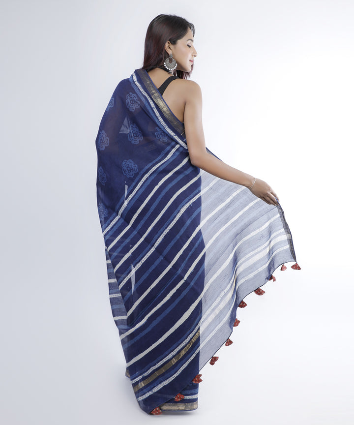 Indigo blue hand print cotton silk chanderi saree