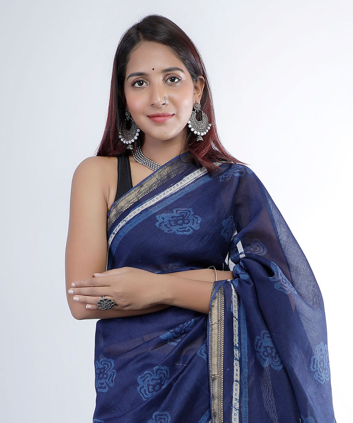 Indigo blue hand print cotton silk chanderi saree