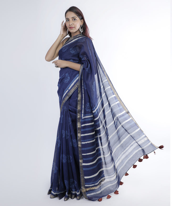 Indigo blue hand print cotton silk chanderi saree