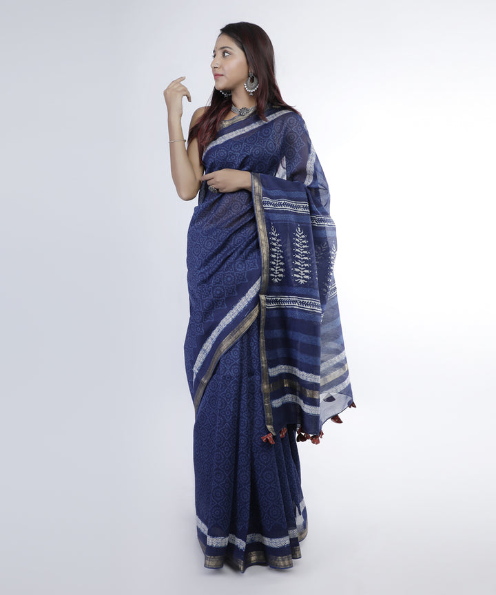 Blue hand printed cotton silk chanderi saree