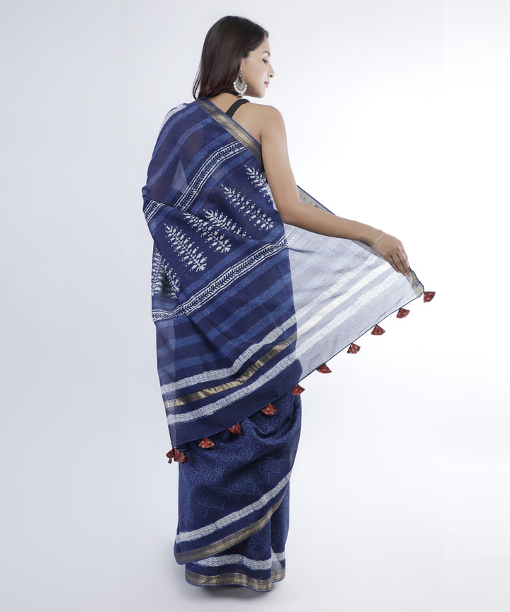 Blue hand printed cotton silk chanderi saree