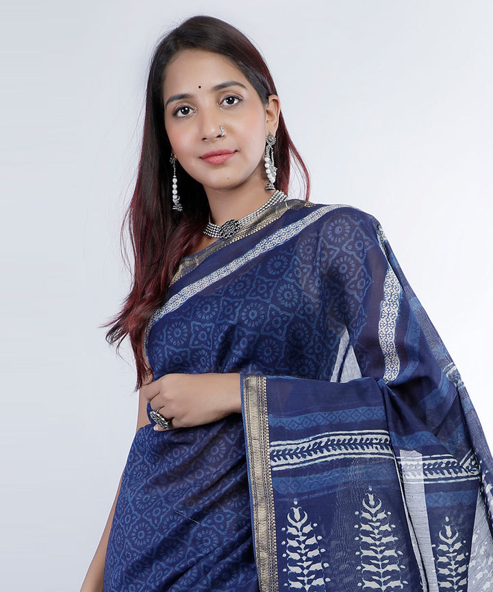Blue hand printed cotton silk chanderi saree