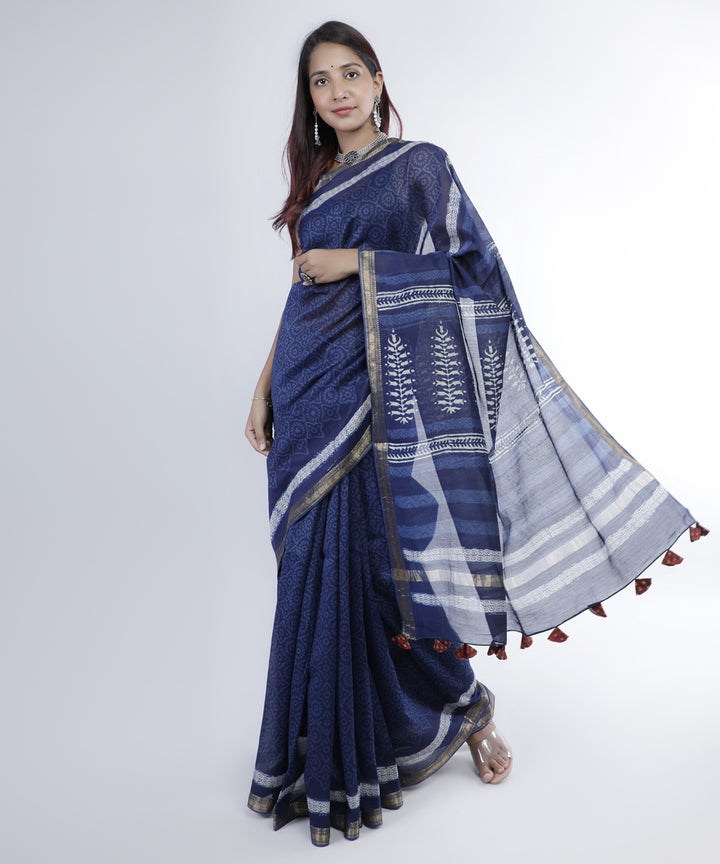 Blue hand printed cotton silk chanderi saree