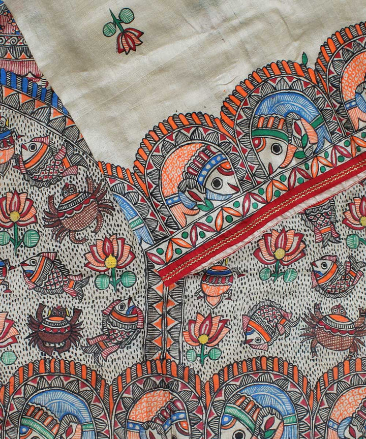 Beige tussar silk hand painted madhubani saree