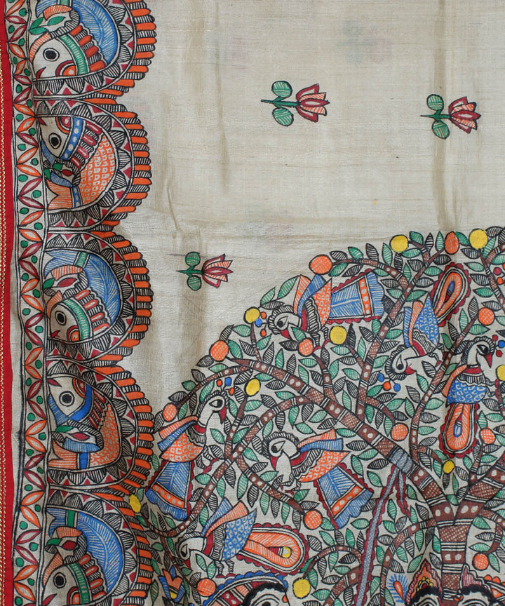 Beige tussar silk hand painted madhubani saree