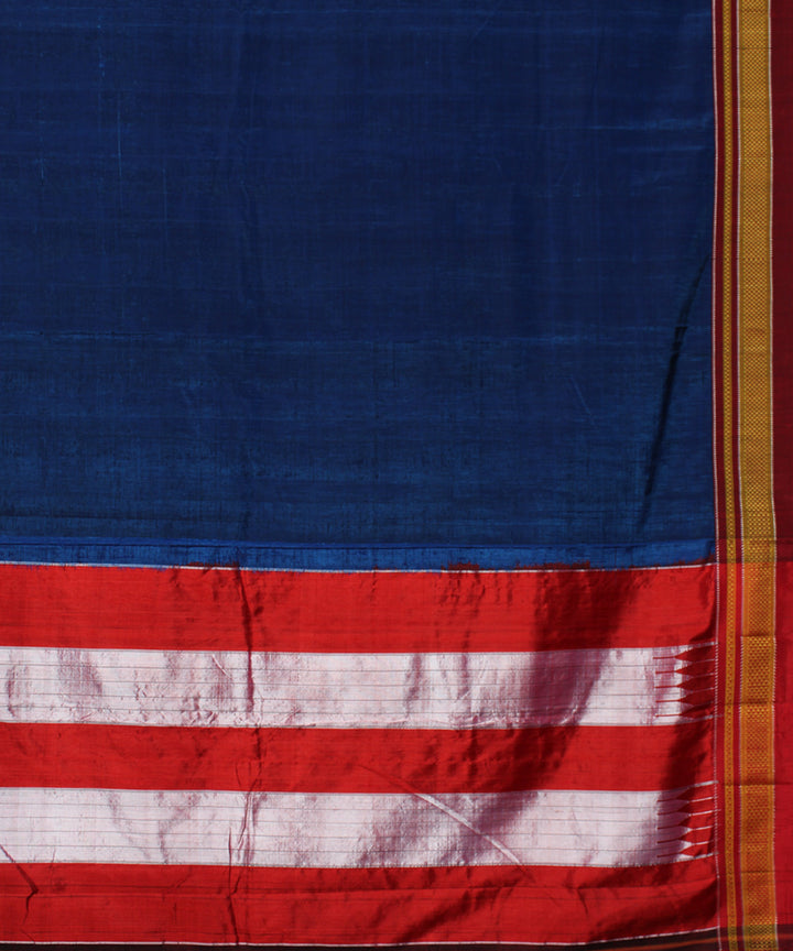 Dark blue red handwoven cotton art silk chikki paras border ilkal sari