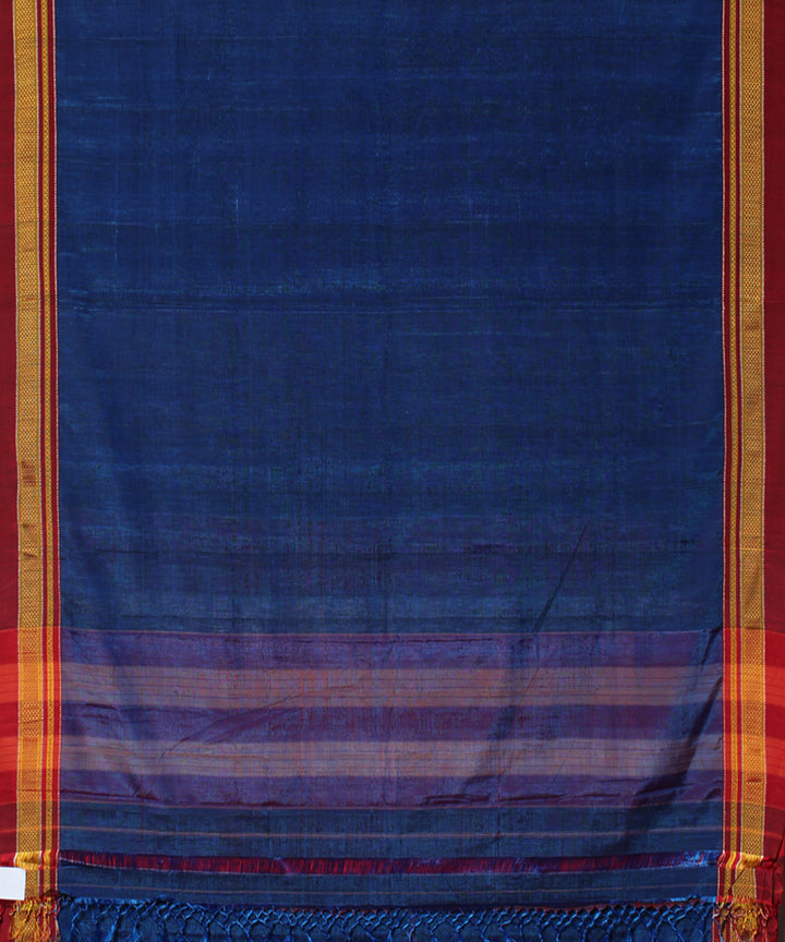 Dark blue red handwoven cotton art silk chikki paras border ilkal sari