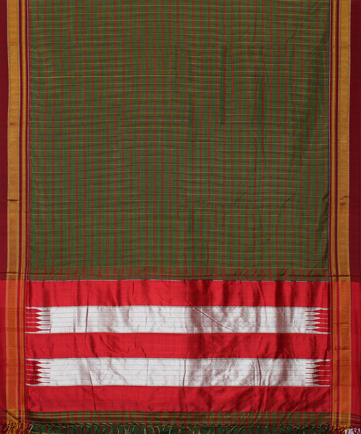Green red handwoven cotton art silk chikki paras border ilkal sari