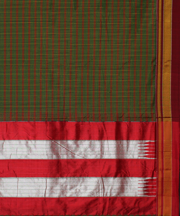 Green red handwoven cotton art silk chikki paras border ilkal sari