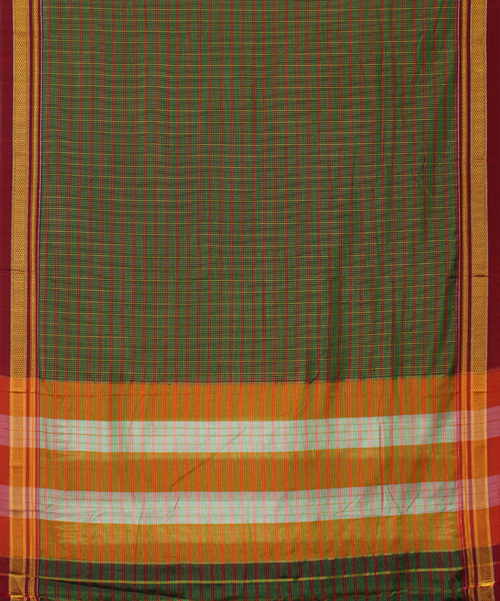 Green red handwoven cotton art silk chikki paras border ilkal sari