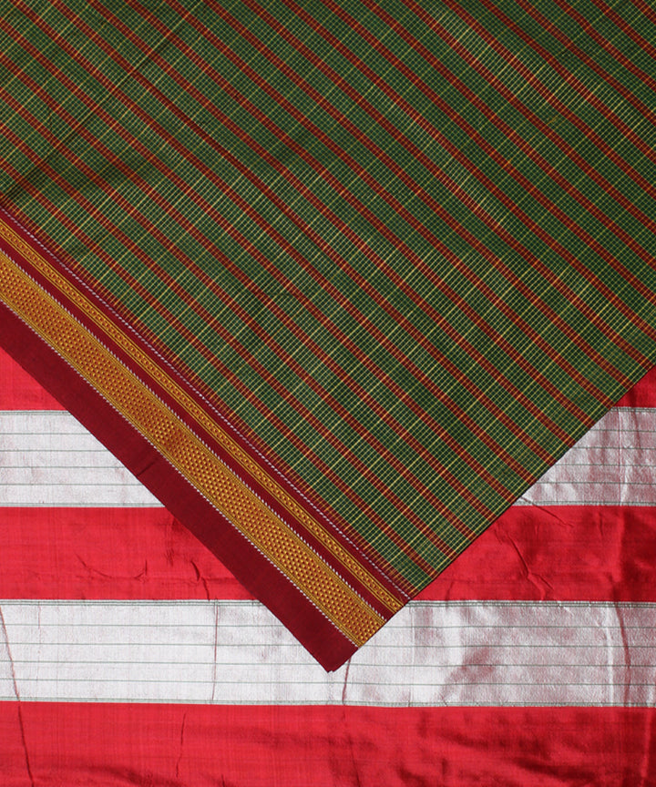 Green red handwoven cotton art silk chikki paras border ilkal sari