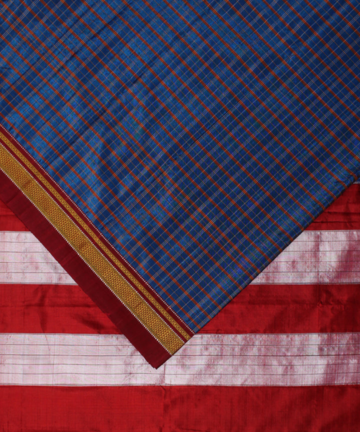 Duke blue red handwoven cotton art silk chikki paras border ilkal sari