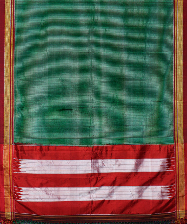 Cyan green red handloom cotton art silk chikki paras border ilkal sari