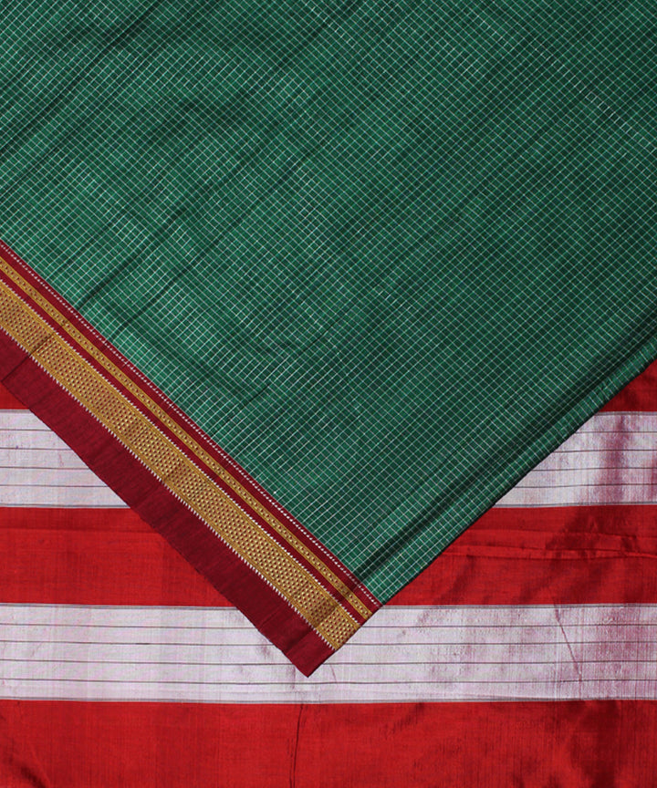 Cyan green red handloom cotton art silk chikki paras border ilkal sari