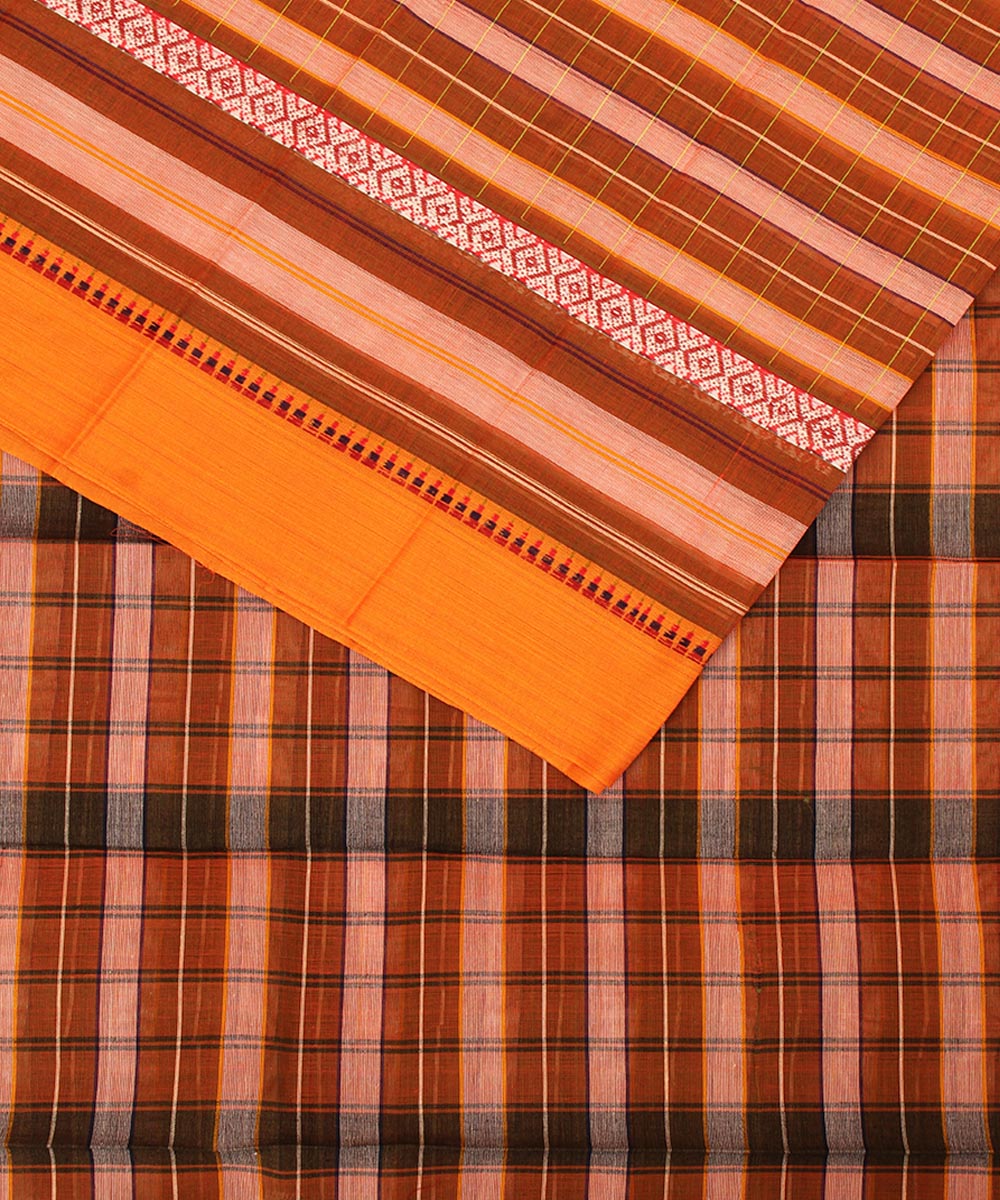 Brown orange stripes cotton handwoven narayanapet saree