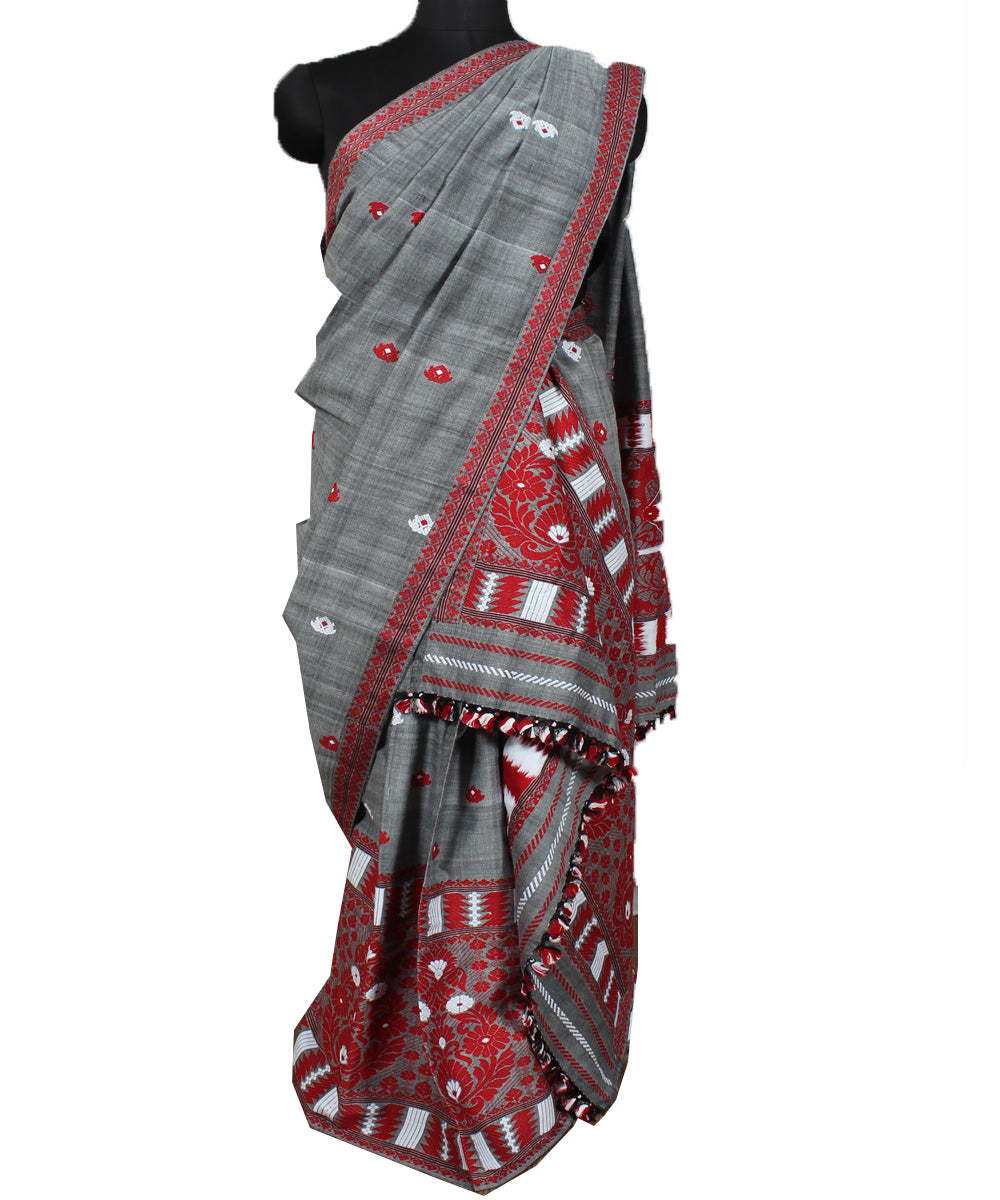 Grey red cotton handwoven assam mekhela chador GoSwadeshi