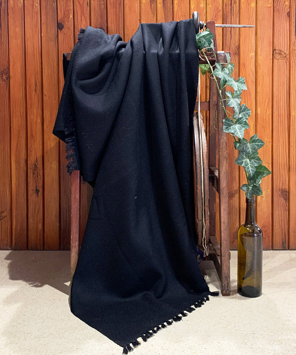Jet black handloom merino wool shawl