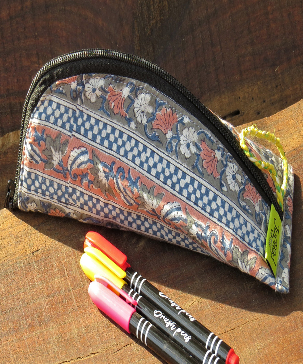 Grey handcrafted cotton pencil pouch