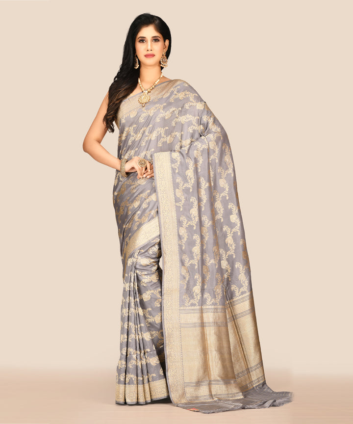 Light grey handwoven banarasi silk saree