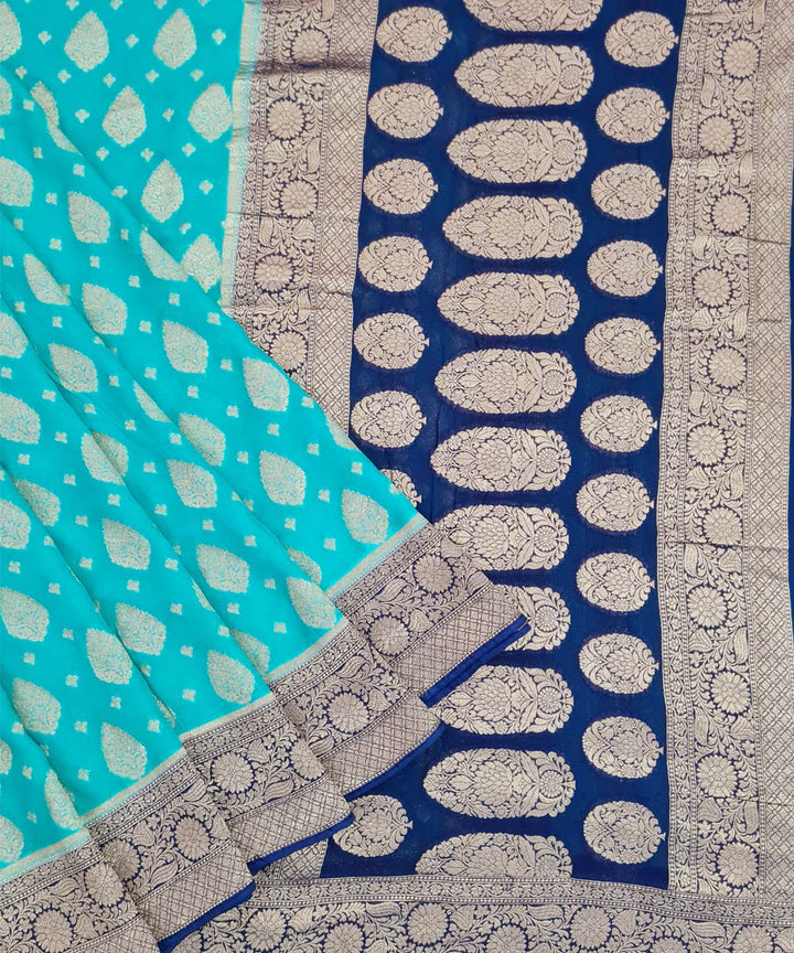 Turquoise blue handwoven cotton silk banarasi saree