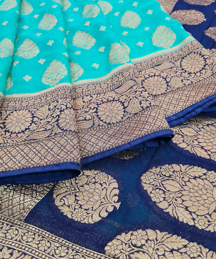 Turquoise blue handwoven cotton silk banarasi saree