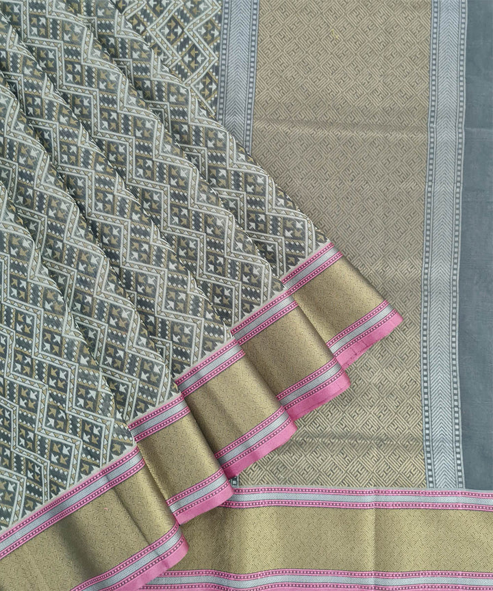 Stone grey handwoven cotton silk banarasi saree with zari