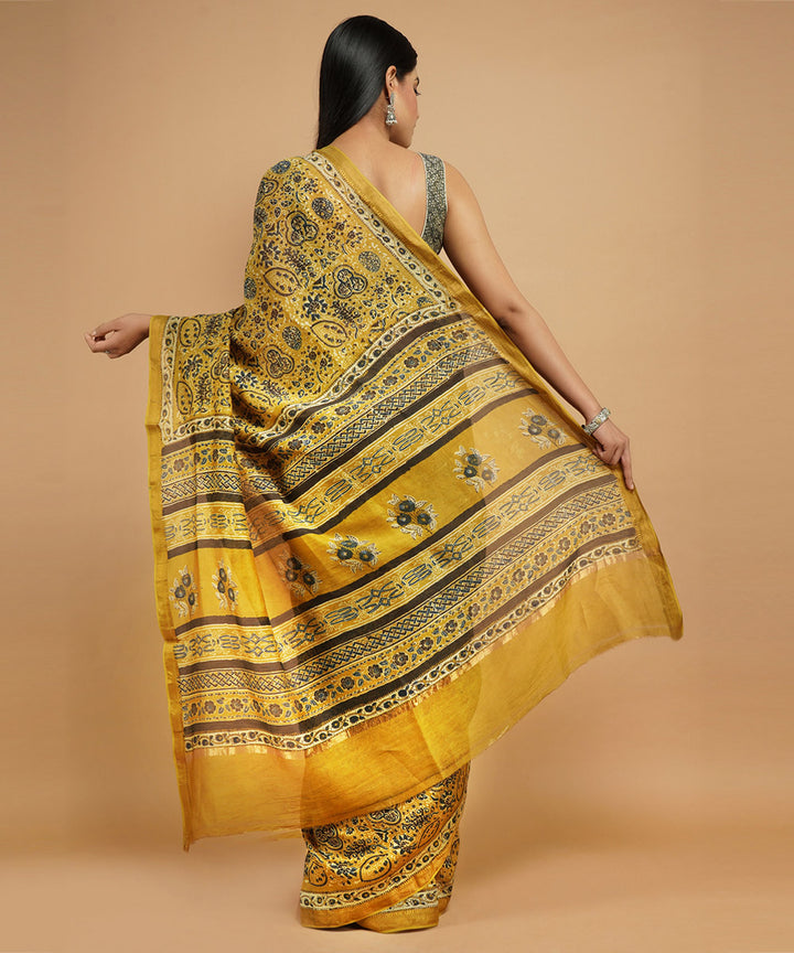 Mustard cotton silk handblock dabu print sari