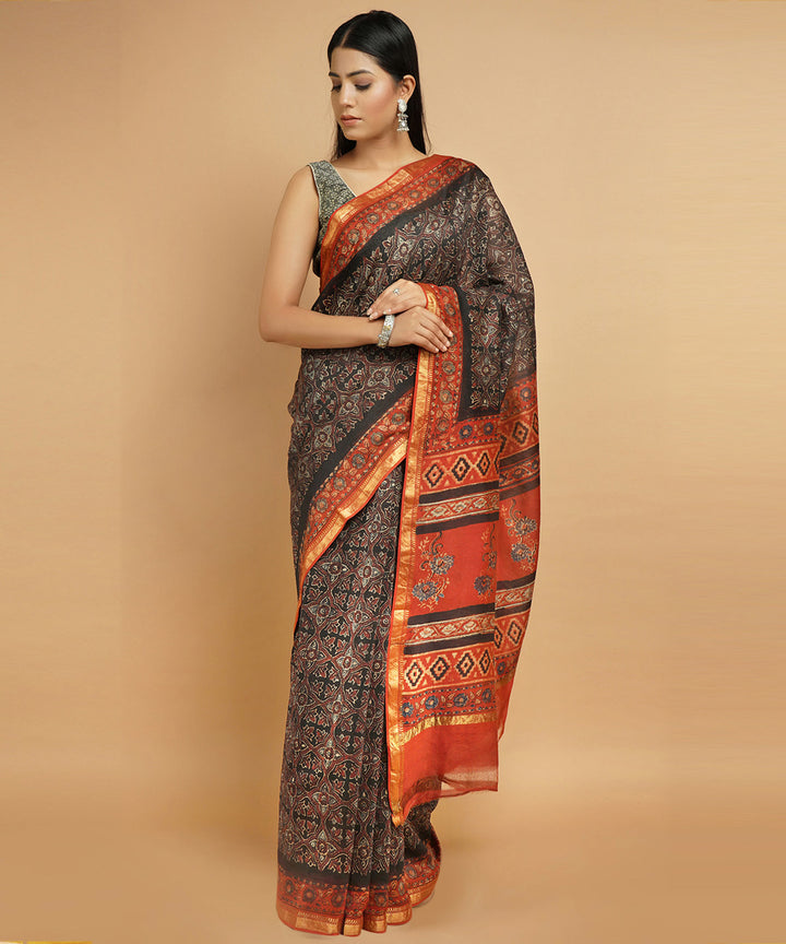 Black cotton silk handblock print ajrakh sari