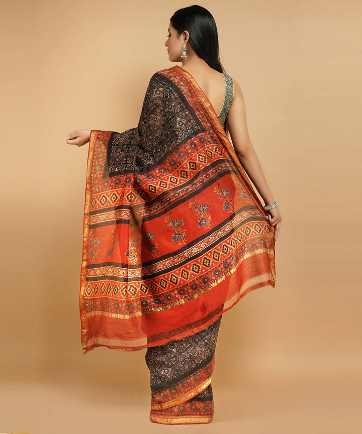 Black cotton silk handblock print ajrakh sari