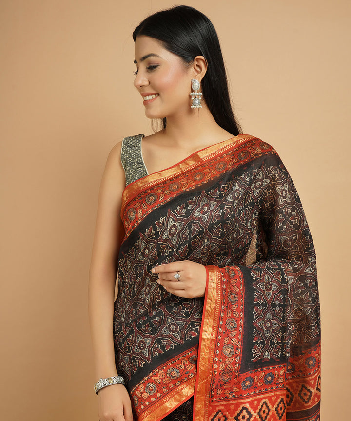 Black cotton silk handblock print ajrakh sari