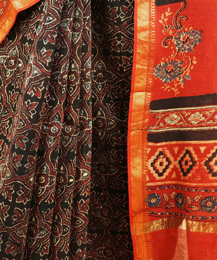 Black cotton silk handblock print ajrakh sari