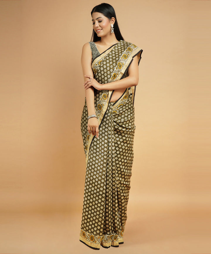 Olive green cotton silk handblock dabu print sari