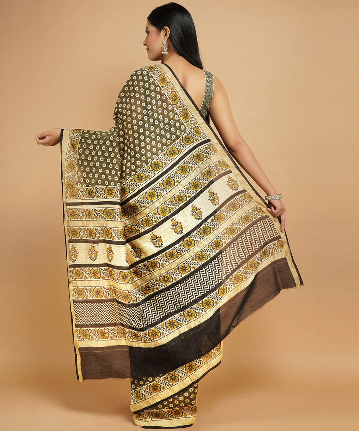 Olive green cotton silk handblock dabu print sari
