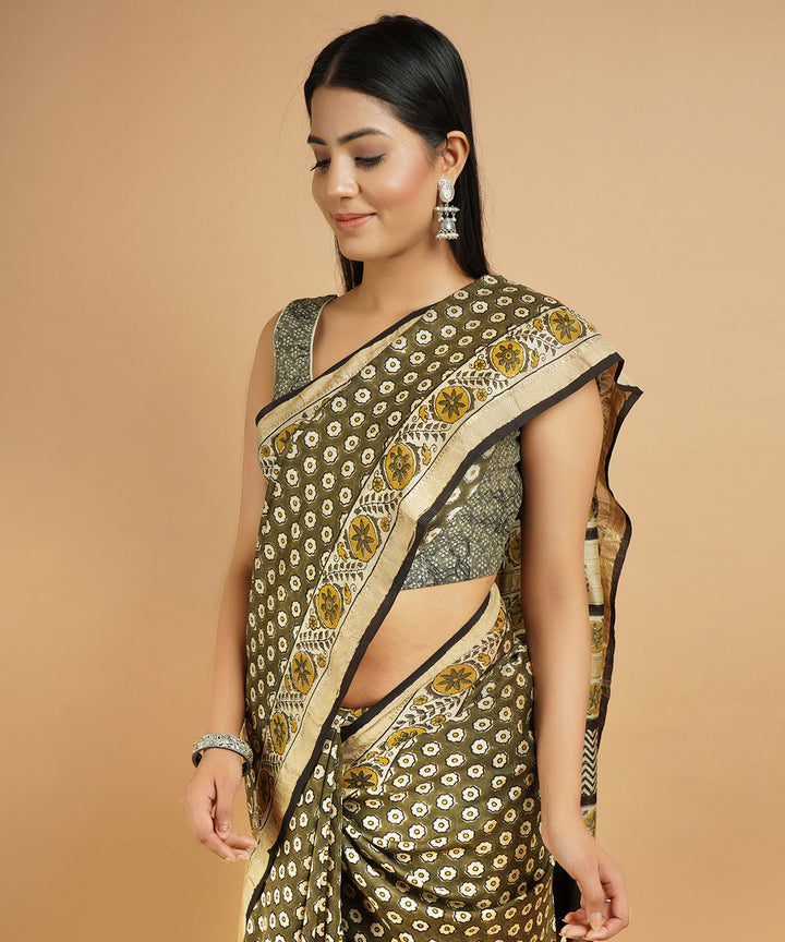 Olive green cotton silk handblock dabu print sari