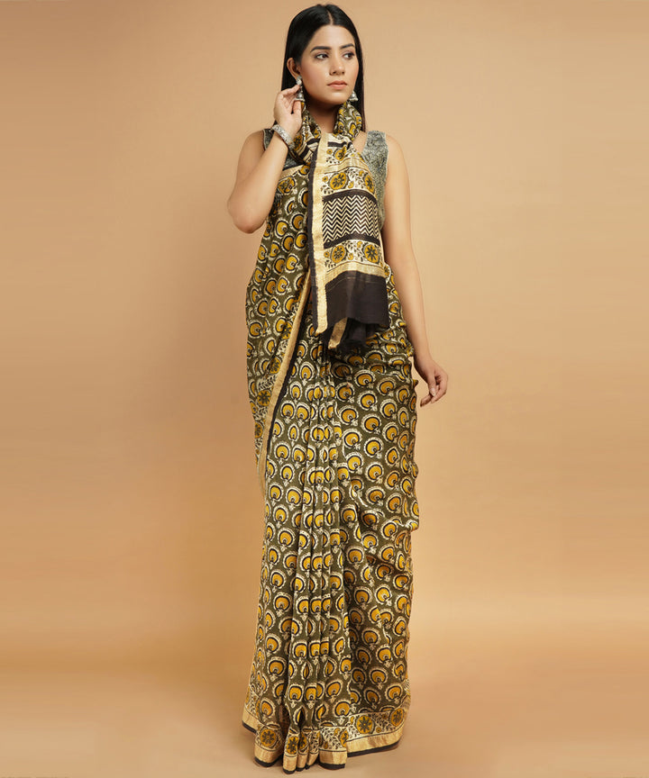 Olive green cotton silk hand block dabu print sari