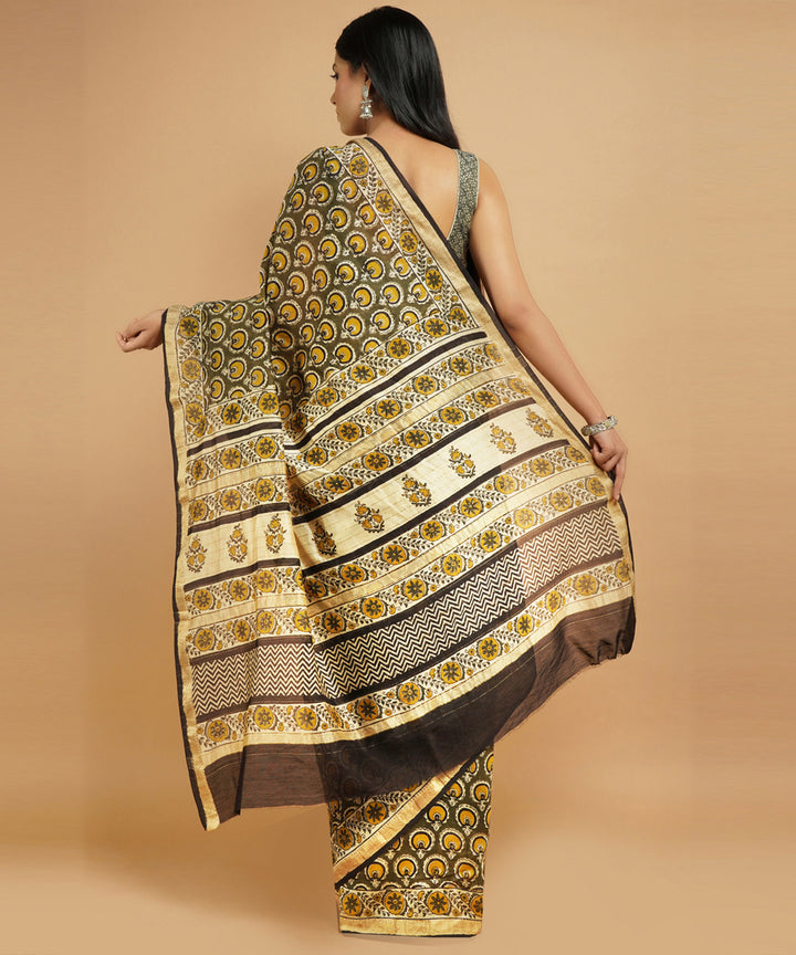Olive green cotton silk hand block dabu print sari