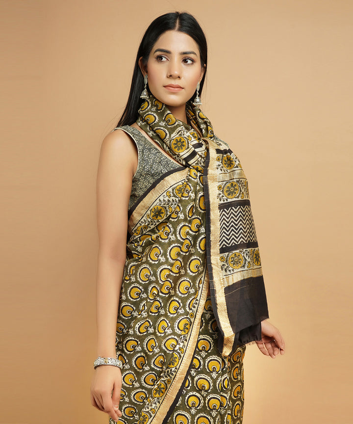 Olive green cotton silk hand block dabu print sari