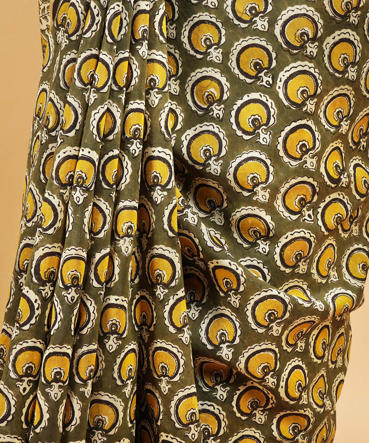 Olive green cotton silk hand block dabu print sari