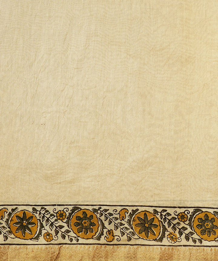 Olive green cotton silk hand block dabu print sari