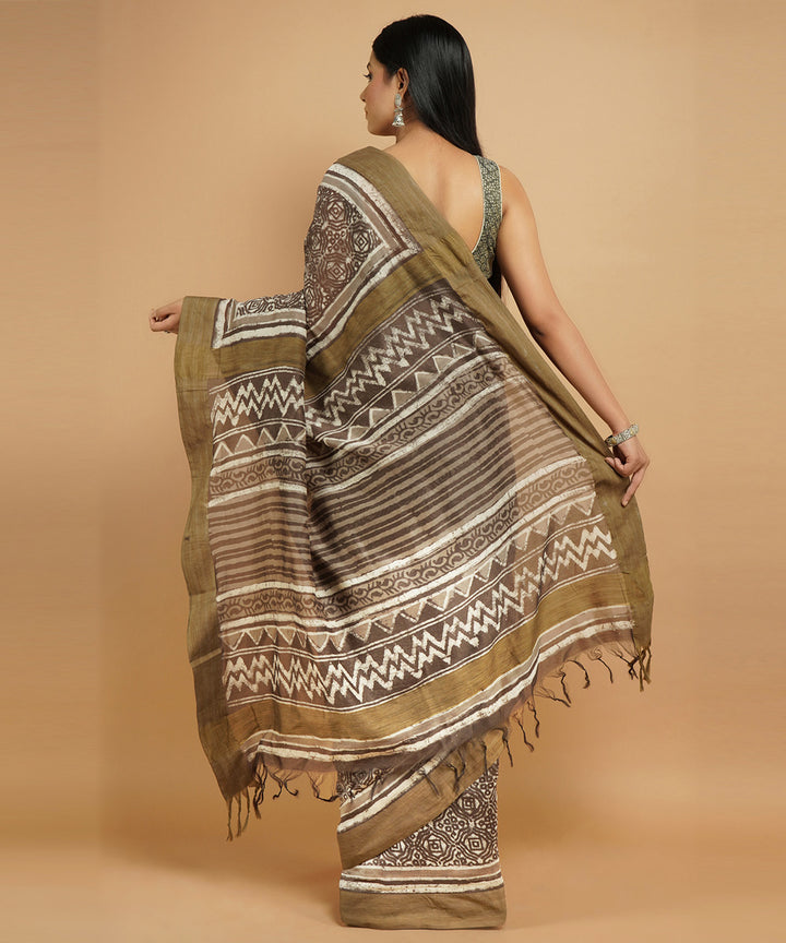 Grey gheecha border cotton silk hand block dabu print sari