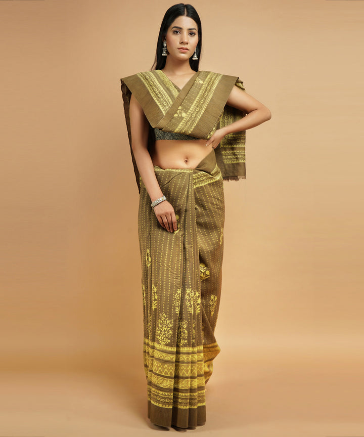 Olive green gheecha border cotton silk handblock dabu printed sari