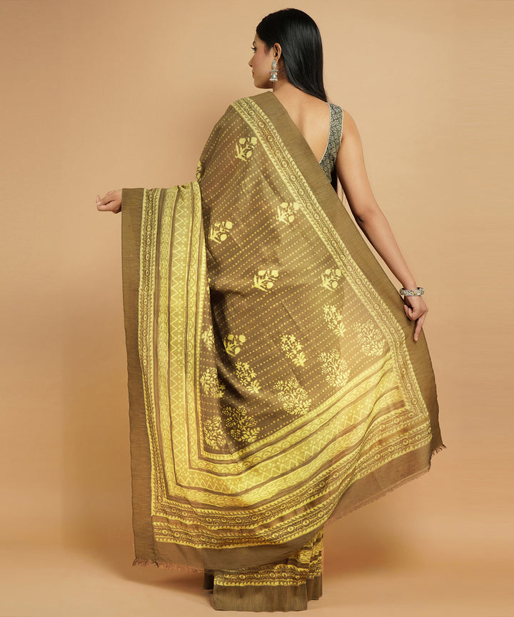 Olive green gheecha border cotton silk handblock dabu printed sari