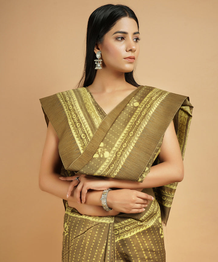Olive green gheecha border cotton silk handblock dabu printed sari