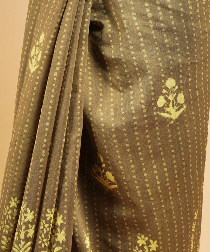 Olive green gheecha border cotton silk handblock dabu printed sari