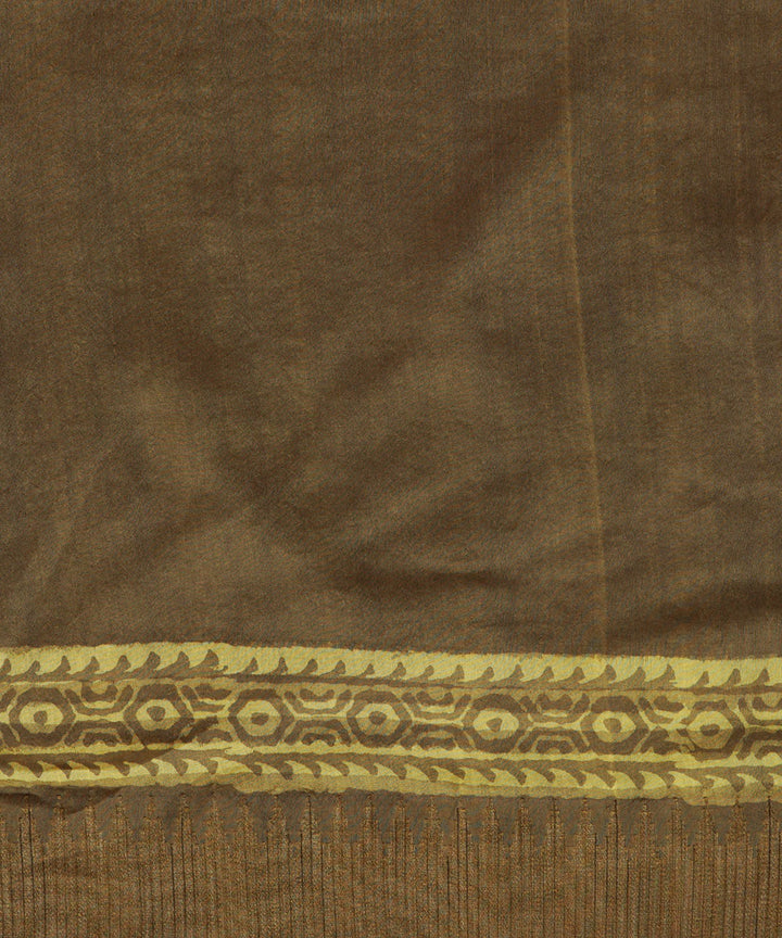 Olive green gheecha border cotton silk handblock dabu printed sari