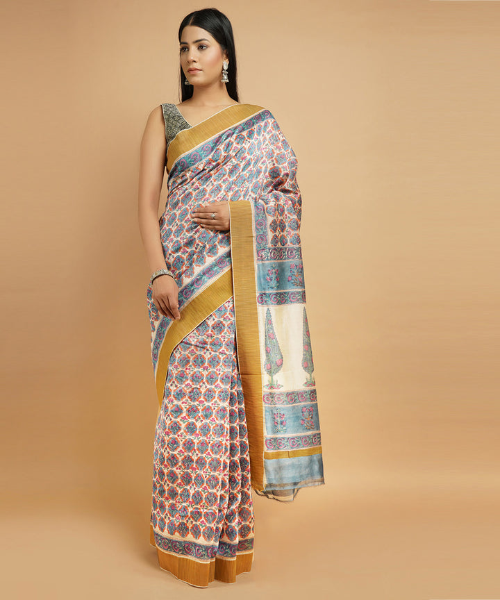 Multicolour gheecha border cotton silk handblock dabu print sari