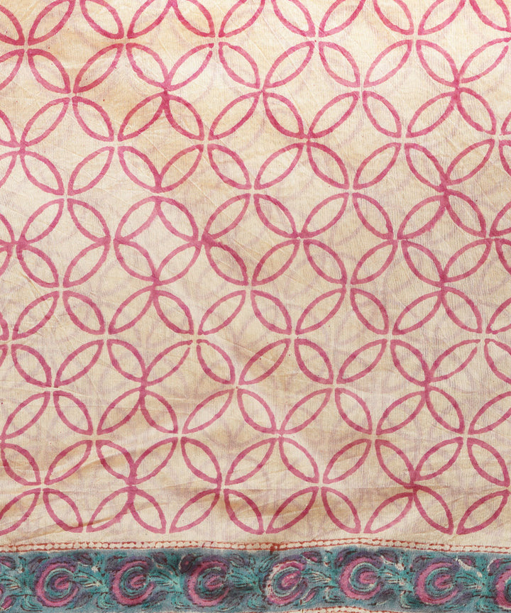 Multicolour gheecha border cotton silk handblock dabu print sari