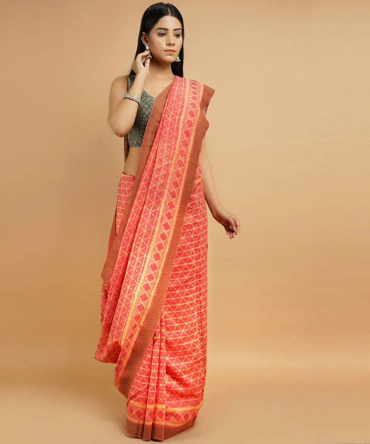 Orange gheecha border cotton silk handblock dabu print sari