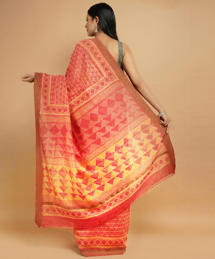 Orange gheecha border cotton silk handblock dabu print sari
