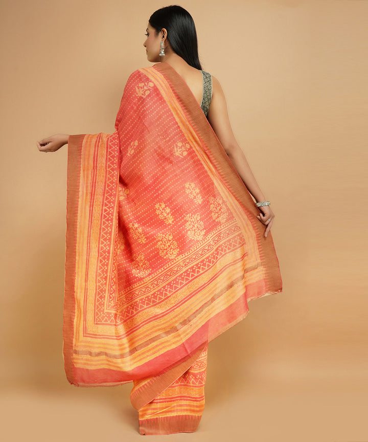 Light orange gheecha border cotton silk handblock dabu print sari